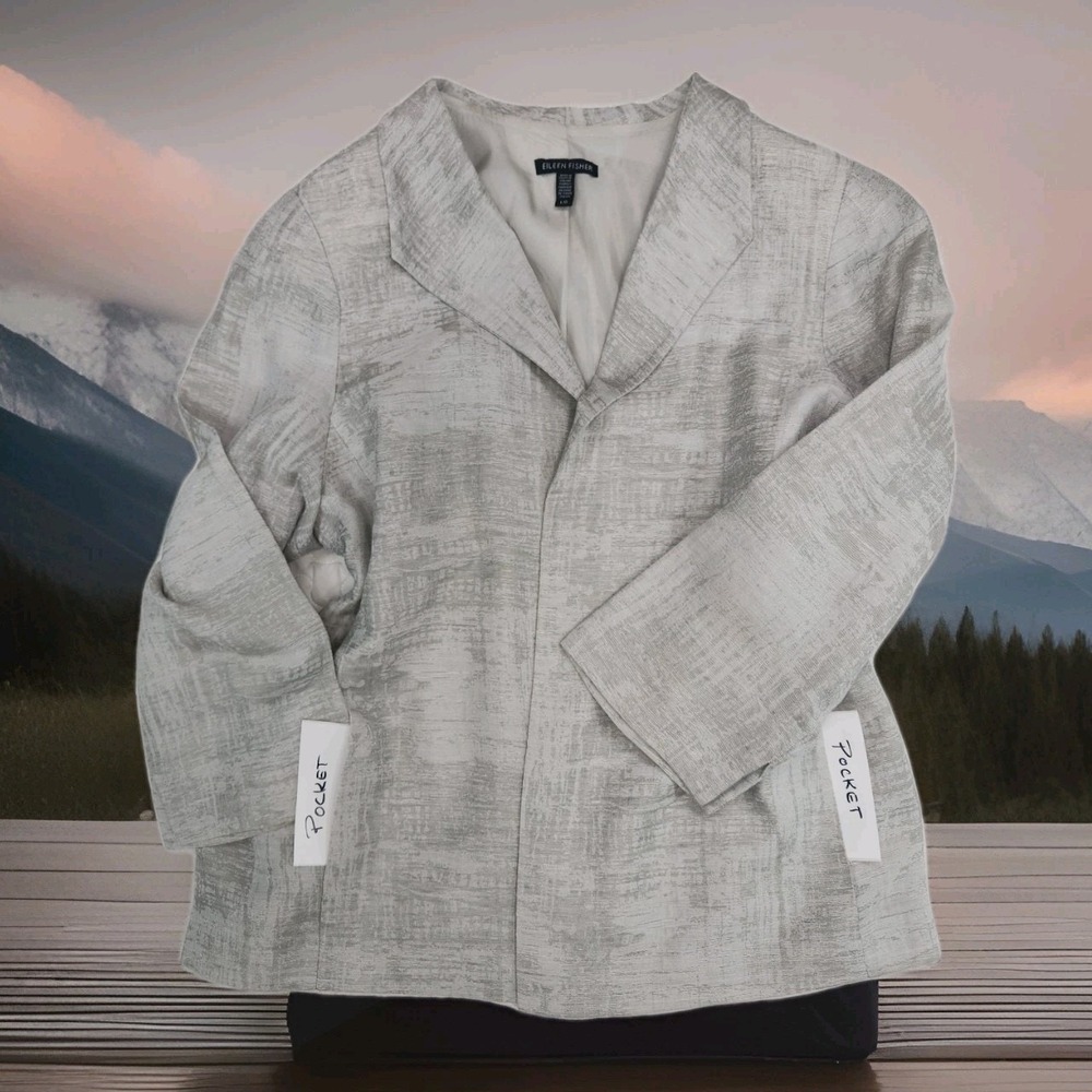 Silver Gray EILEEN FISHER Blazer Linen Blend Prep Minimal Jacket L. bust to 40"